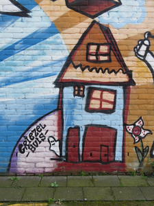 829771 Detail van de muurschildering 'Wonen & Spelen Sterrenwijk', gemaakt door kinderen uit de wijk, in de toegang van ...